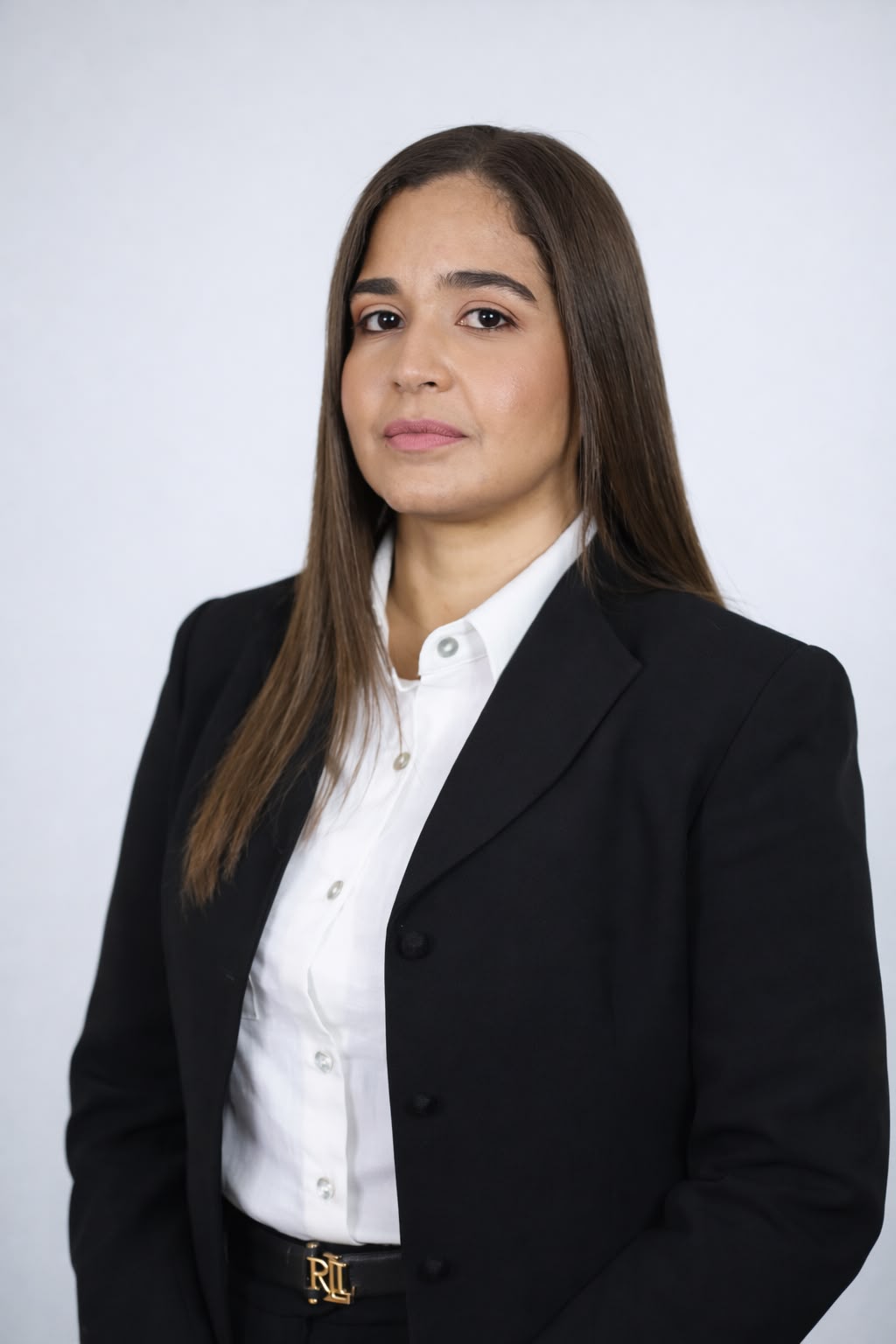 Fotografía profesional de Anny Guzmán con traje negro y camisa blanca sobre fondo claro